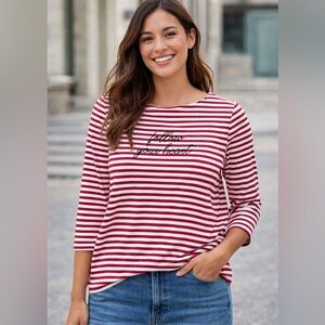 Chico's Red & White Striped Long Sleeve Tee with 'Follow Your Heart' Script